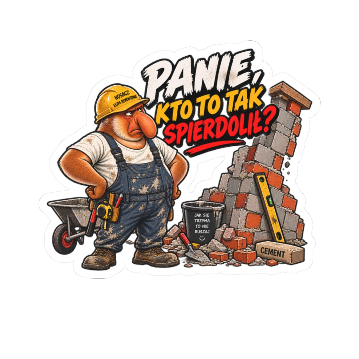 Naklejka „Panie, kto to tak spierdolił?” – Nosacz Budowlaniec